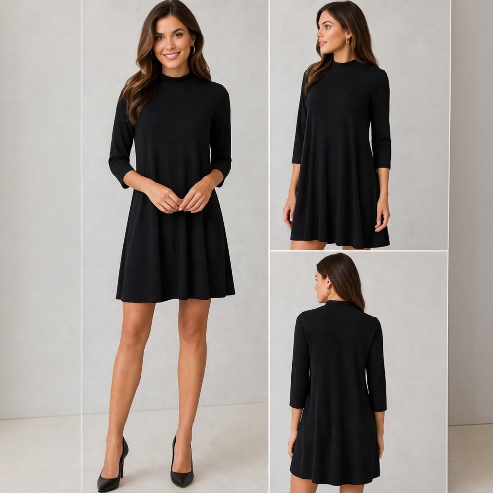 White House Black Market Black Mock Neck Tunic Dress Small 3/4 Sleeve